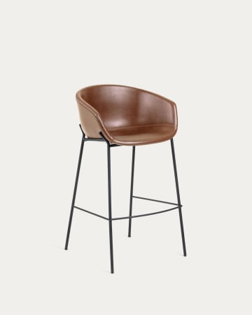 Taburete Yvette piel sintética marrón y acero con acabado negro altura 74 cm