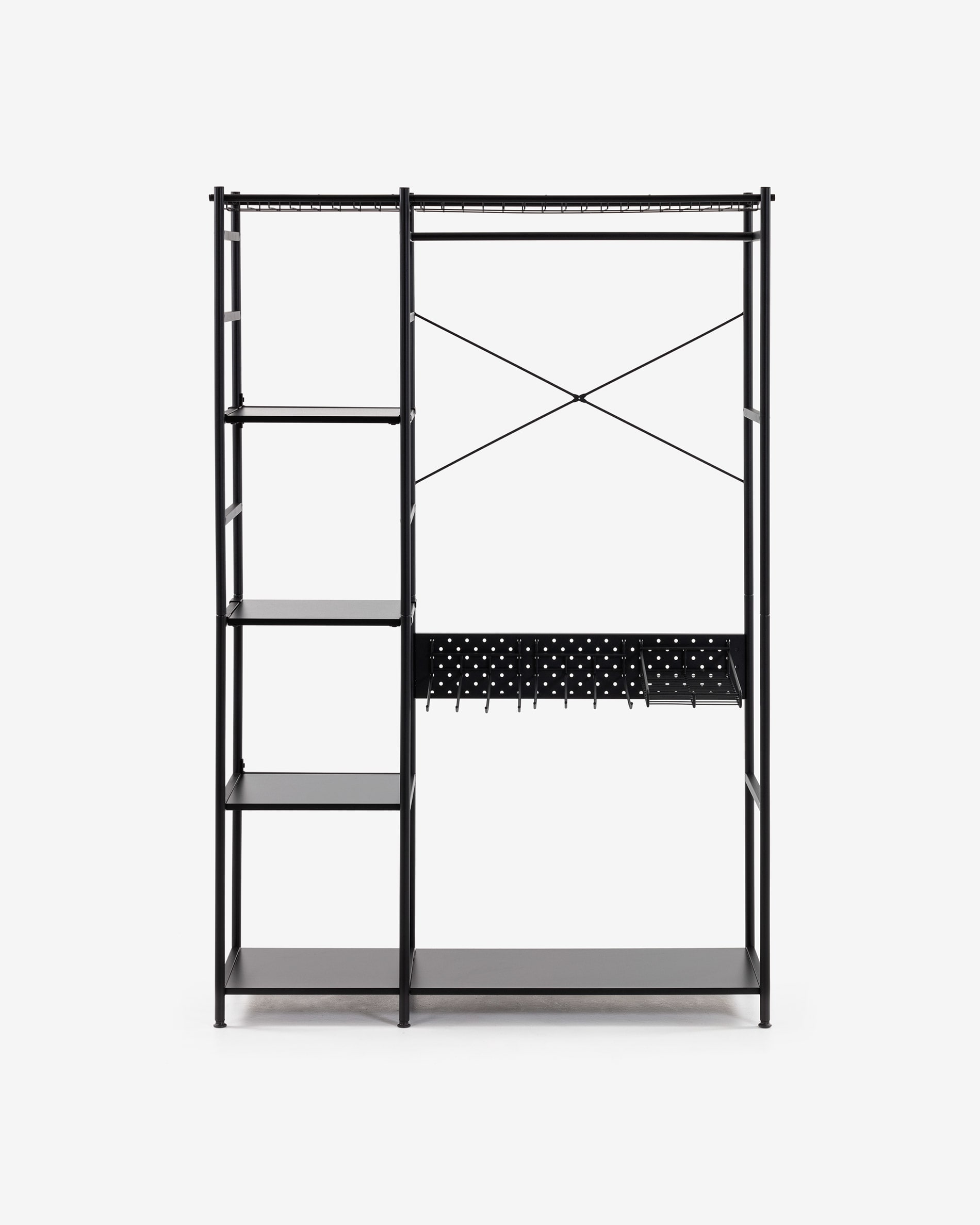 Armario de tres puertas y dos cajones con baldas y perchero, color blanco,  Medidas 120 x