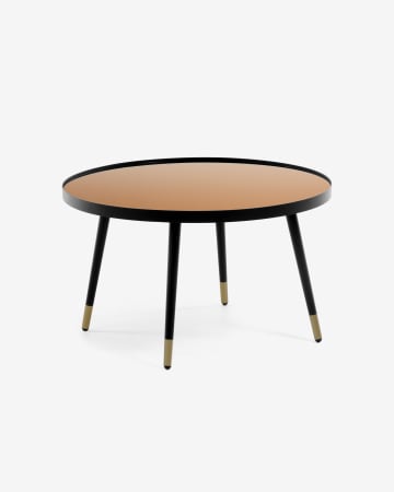 Table basse Dila en verre effet cuivre et structure en acier noir et doré Ø 80 cm