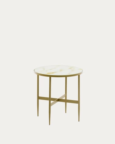 Βοηθητικό τραπέζι Elisenda, λευκό γυαλί, ατσάλινο πλαίσιο σε χρυσό φινίρισμα, Ø50εκ