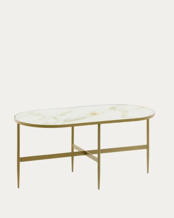 Elisenda glass coffee table in white with golden steel structure 100 x 50 cm