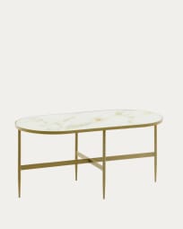 Τραπέζι σαλονιού Elisenda, λευκό γυαλί, ατσάλινο πλαίσιο σε χρυσό φινίρισμα, 100 x 50 εκ