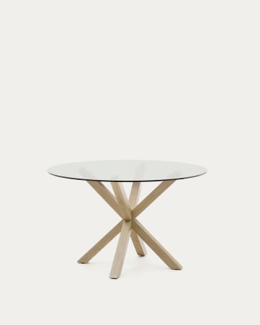 Argo round glass table with steel legs with wood-effect finish Ø 119 cm