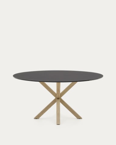 Στρογγυλό τραπέζι Argo σε μαύρο ματ γυαλί και ατσάλινα πόδια με εφέ ξύλου Ø 150 εκ