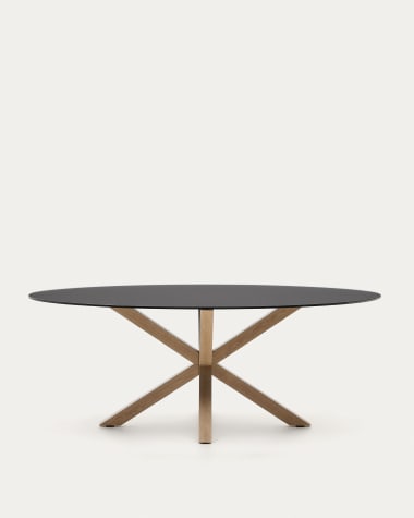 Owalny stół Argo z matowego czarnego szkła i nogami ze stali z efektem drewna Ø 200 x 100