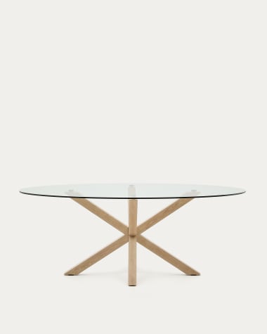 Tavolo ovale Argo di vetro e gambe in acciaio effetto legno Ø 200 x 100 cm