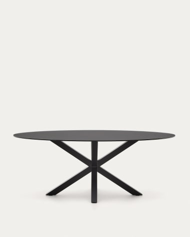 Τραπέζι Argo από μαύρο γυαλί και μαύρα ατσάλινα πόδια Ø 200 x 100 εκ.