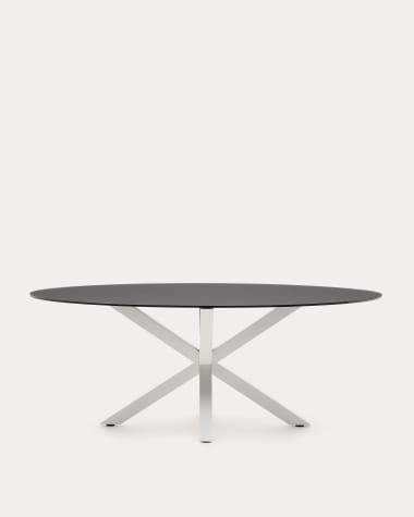 Owalny stół Argo z matowego czarnego szkła i nogami ze stali z białym wykończeniem Ø 200 x