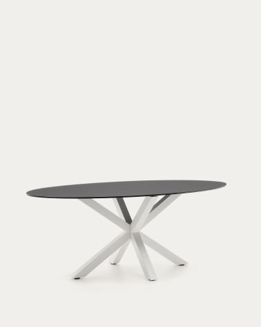 Argo ovale tafel in matzwart glas en stalen poten met witte afwerking Ø 200 x 100 cm