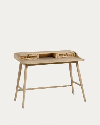 Nalu Schreibtisch aus Furnier und massives Mindiholz und Rattan-Details 110 x 60 cm