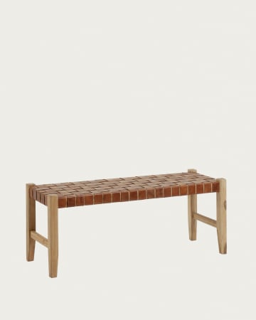 Banc Calixta de pell i fusta massissa de teca amb acabat natural 120 cm