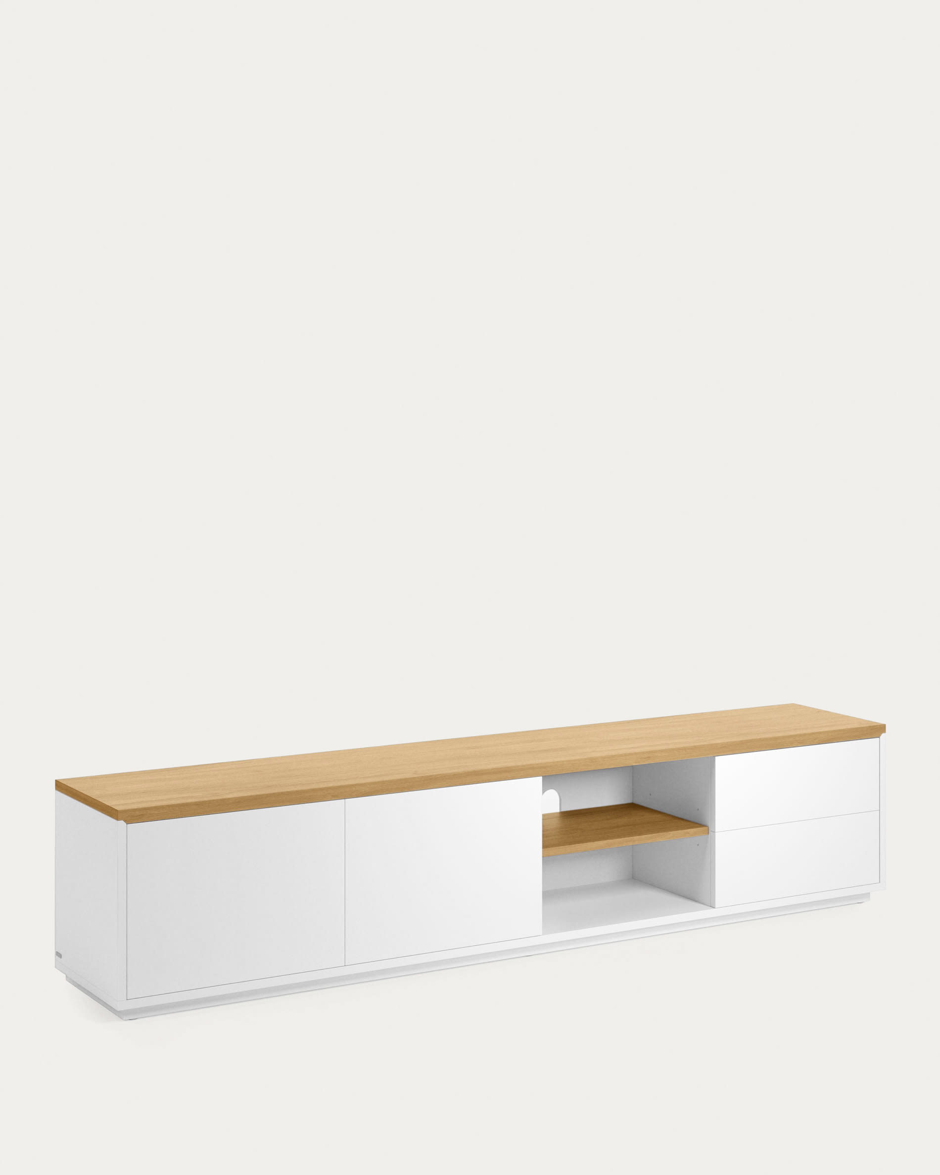 Meuble TV Abilen 2 portes et 2 tiroirs placage de chêne et laqué blanc 200x44 cm FSC 100% | Kave Home