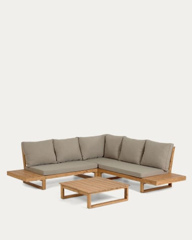 Set Flaviina de sofá rinconero 5 plazas y mesa de madera maciza acacia FSC 100%