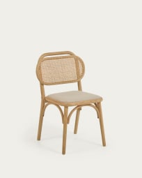 Cadeira Doriane de madeira maciça de carvalho acabamento natural e assento de tecido