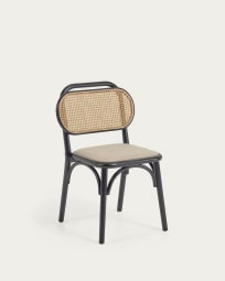 Cadeira Doriane de madeira maciça de olmo acabamento lacado preto e assento de tecido