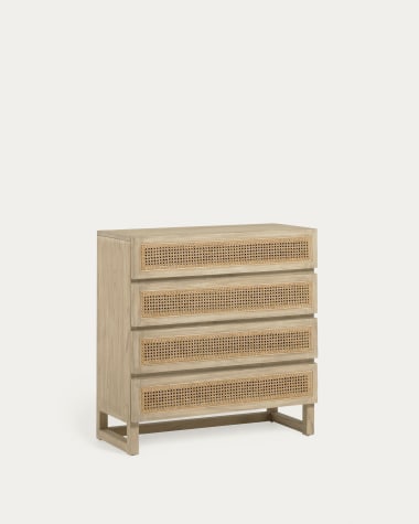 Rexit solid mindi wood and veneer chest of 4 drawers with rattan 90 x 93 cm