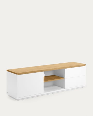 Meuble TV Abilen 1 porte et 2 tiroirs placage de chêne et laqué blanc 150 x 44 cm FSC 100%