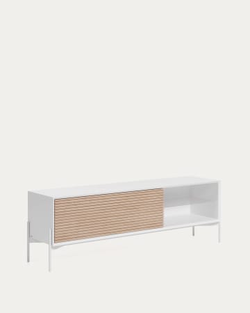 Meuble TV Marielle 1 porte placage frêne laqué blanc et métal blanc 167 x 53 cm