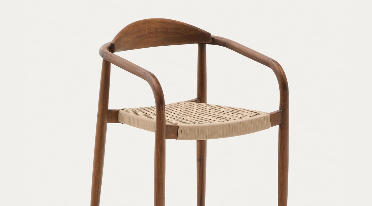 Nina stackable chair in solid acacia wood with walnut finish and beige rope seat FSC 100% | Kave Home®
