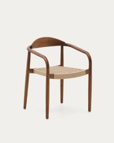 Nina stackable chair in solid acacia wood with walnut finish and beige rope seat FSC 100%