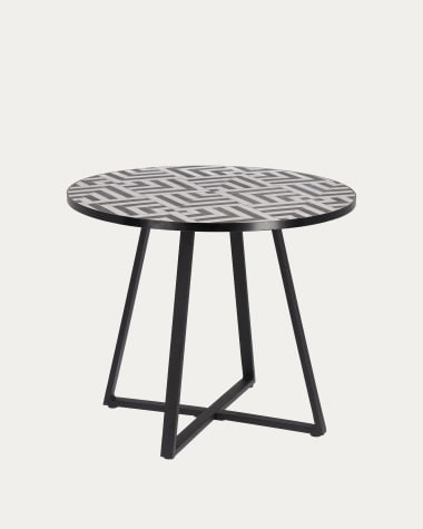 Tella runder Tisch aus weißer und schwarzer Keramik und schwarzen Stahlbeinen Ø 90 cm
