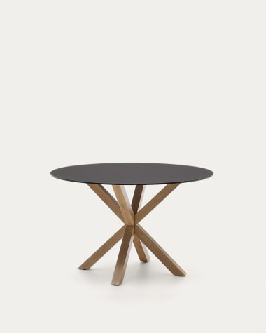 Argo ronde tafel in matzwart glas en stalen poten met houteffect Ø 120 cm