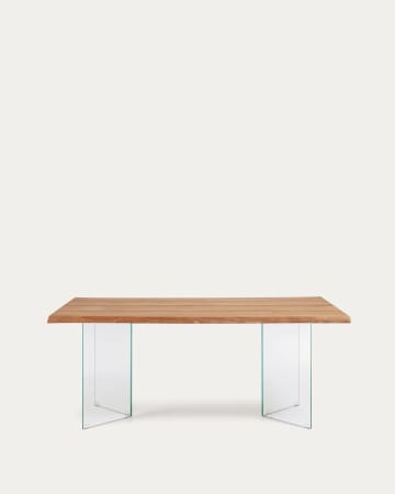 Stół Lotty z forniru dębowego z naturalnym wykończeniem i szklanymi nogami 160 x 90 cm