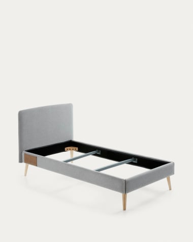 Dyla bed with removable cover in light grey, with solid beech wood legs for a 90 x 190 cm mattress