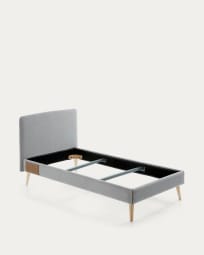 Dyla grey bed with removable cover and solid beech wood legs, 90 x 190 cm
