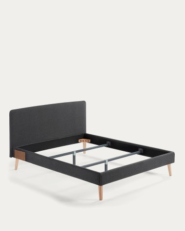 Dyla bed with removable cover in black, with solid beech wood legs for a 150 x 190 cm mattress