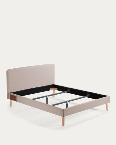 Dyla bed with removable cover in beige, with solid beech wood legs for a 150 x 190 cm mattress