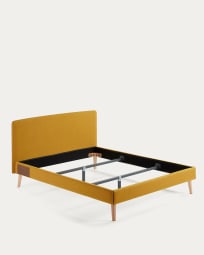 Dyla bed with removable cover in mustard, with solid beech wood legs for a 150 x 190 cm mattress
