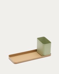 Set Moka de pot à crayons et plateau bureau en métal vert et marron