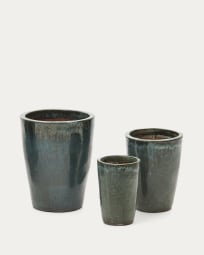 Ensemble Rotja de 3 pots de fleurs en terre cuite, finition bleue émaillée Ø 26 / 35 / 47 cm