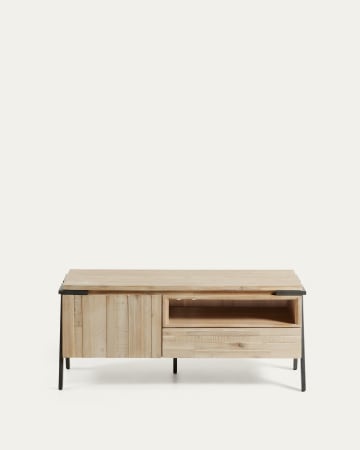 Meuble TV Thinh 1 porte et 1 tiroir bois massif acacia et acier finition noire 125 x 53 cm