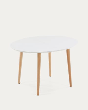 Table extensible ovale Oqui MDF laqué blanc et pieds bois massif hêtre 120 (200) x 90 cm