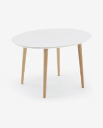 Table extensible ovale Oqui MDF laqué blanc et pieds bois massif hêtre 120 (200) x 90 cm