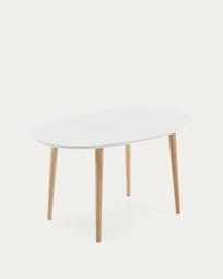 Table extensible ovale Oqui MDF laqué blanc et pieds bois hêtre 140 (220) x 90 cm