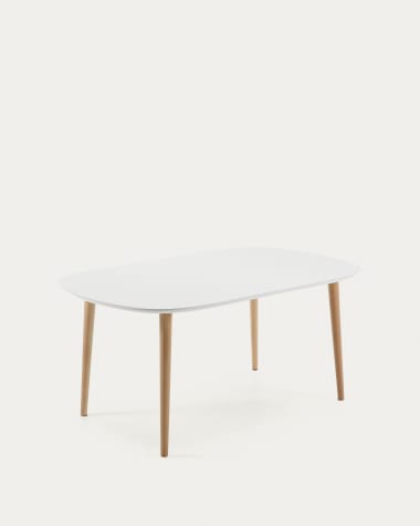 Rozkładany stół Oqui lakierowana biała płytya MDF nogi z litego buku Ø 160 (260) x 100 cm