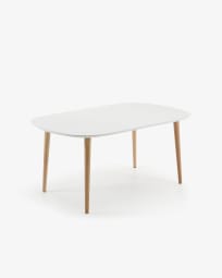 Rozkładany stół Oqui lakierowana biała płytya MDF nogi z litego buku Ø 160 (260) x 100 cm