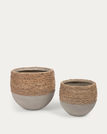 Ensemble Tamim de 2 cache-pots en ciment finition naturelle et blanche Ø 26 cm / Ø 33 cm