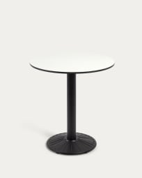Tiaret circular outdoor table in white with metal legs and a black painted finish, Ø 68 cm