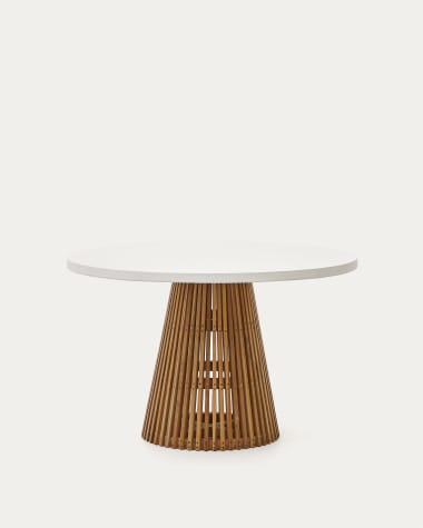 Στρογγυλό τραπέζι εξωτερικού χώρου Alcaufar από μασίφ ξύλο τικ και λευκό τσιμέντο Ø 120 εκ
