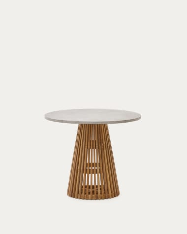 Στρογγυλό τραπέζι εξωτερικού χώρου Alcaufar από μασίφ ξύλο τικ και γκρι τσιμέντο Ø 90 εκ.