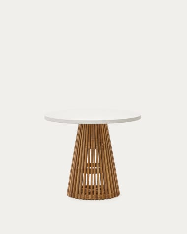 Στρογγυλό τραπέζι εξωτερικού χώρου Alcaufar από μασίφ ξύλο τικ και λευκό τσιμέντο Ø 90 εκ.