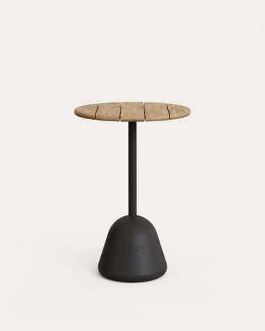 Saura high bar table with black steel frame and natural finish acacia top, 95 x Ø70 cm