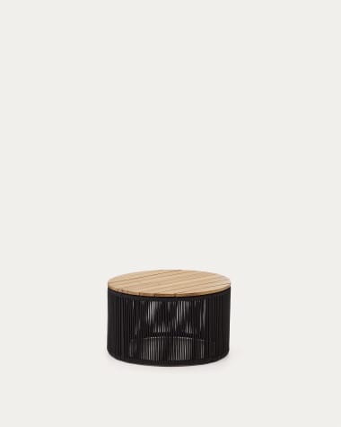 Couchtisch Dandara aus Stahl, schwarzem Flechtwerk und massivem Akazienholz Ø60 cm 100% FSC