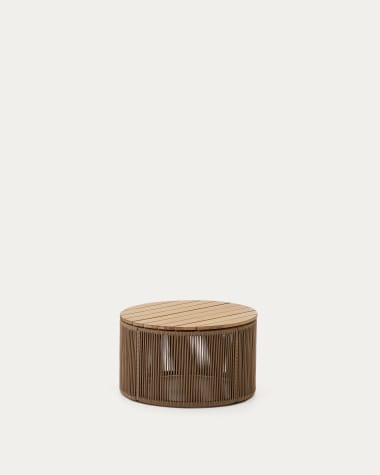 Stolik kawowy Dandara ze stali, beżowego sznurka i litego drewna akacjowego Ø 60 cm FSC 100%