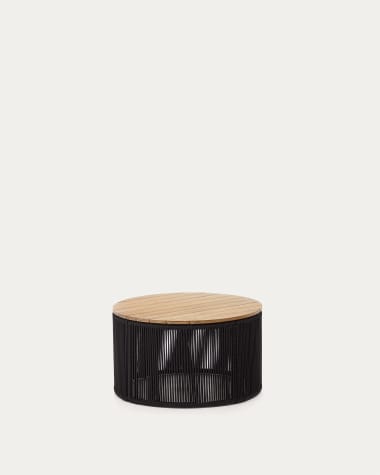 Mesa de centro Dandara de aço, corda preto e madeira maciça acácia Ø70 cm FSC 100%