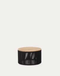 Tavolino Dandara in acciaio, corda nera e legno massiccio di acacia Ø70 cm FSC 100%